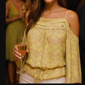 Rebecca Taylor Yellow & Tan Patterned Cold Shoulder Silk Waist Tie Camisole Top